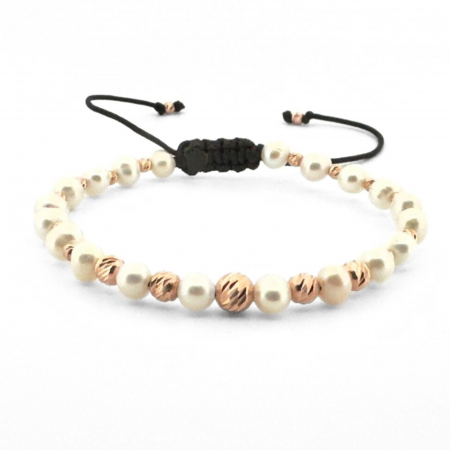 Bratari aur dama - Brățară Damă cu Bile de Aur Rose 14K, Perle de Cultură si Șnur Reglabil