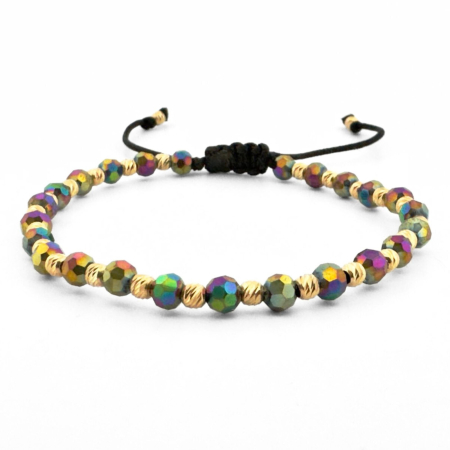 Bratari argint femei - Brățară Damă cu Biluțe de Argint Placate cu Aur 18K, Cristale Multicolore 4mm, Șnur Reglabil