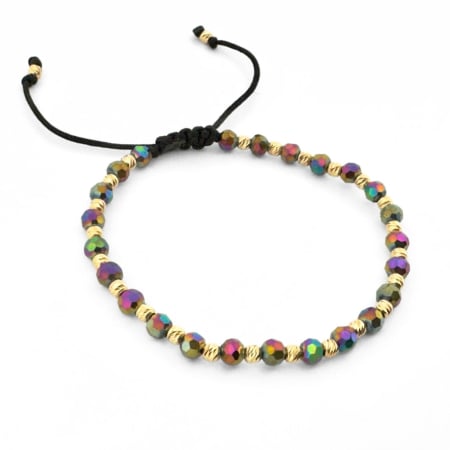 Bratari argint femei - Brățară Damă cu Biluțe de Argint Placate cu Aur 18K, Cristale Multicolore 4mm, Șnur Reglabil