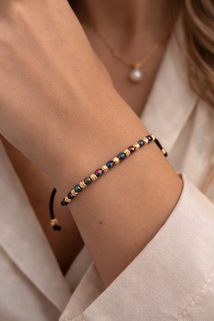 Bratari argint femei - Brățară Damă cu Biluțe de Argint Placate cu Aur 18K, Hematit Multicolor 3mm, Șnur Reglabil