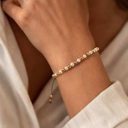 Brățară Damă cu Biluțe de Argint Placate cu Aur 18K, Perle 4mm, Șnur Reglabil [3]