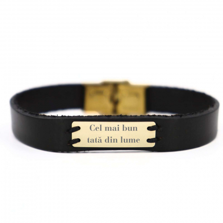 Bratari aur barbati - Brățară din piele cu plăcuță Aur 14K personalizată gravură text