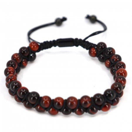 Bratari pietre semipretioase - Bratara dubla cu pietre ochi de tigru rosu 6 mm, snur macrame impletit