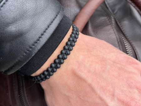 Bratari pietre semipretioase - Bratara dubla cu pietre onix negru mat 6 mm, snur impletit