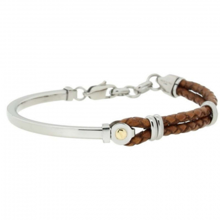 Brățară Inox Bărbați cu Piele Maro și Aur 18K, Mărime Reglabilă [3]
