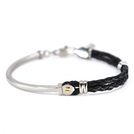 Brățară Inox Bărbați cu Piele Neagră și Aur 18K, Mărime Reglabilă [0]