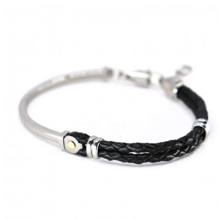 Brățară Inox Bărbați cu Piele Neagră și Aur 18K, Mărime Reglabilă [1]