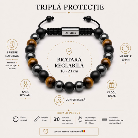 Brățară Triplă Protecție pentru Bărbați – Ochi de Tigru, Hematit și Obsidian [3]