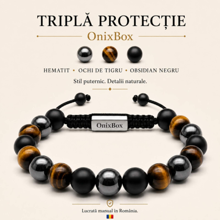 Brățară Triplă Protecție pentru Bărbați – Ochi de Tigru, Hematit și Obsidian [4]