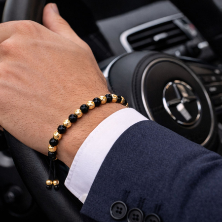 Bratari argint femei - Brățară Onix cu Bile Argint 4mm Placate cu Aur 18K, Șnur Reglabil, Unisex