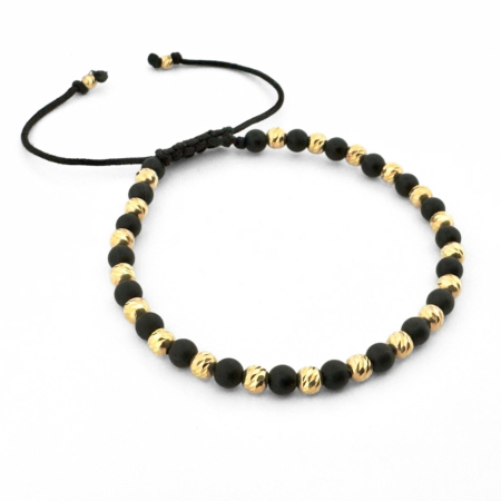 Brățară Onix Mat cu Bile Argint 4mm Placate cu Aur 18K, Șnur Reglabil, Unisex [3]