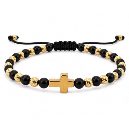 BRATARI - Brățară Onix cu Cruce Aurie din Hematit și Argint 925 Placat cu Aur 18K 4mm – Șnur Reglabil, Protecție și Eleganță