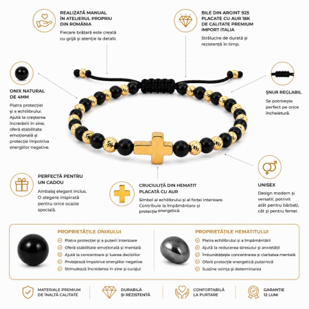 Brățară Onix cu Cruce Aurie din Hematit și Argint 925 Placat cu Aur 18K 4mm – Șnur Reglabil, Protecție și Eleganță [2]
