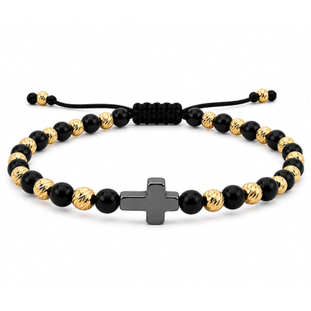 BRATARI - Brățară Onix cu Cruciuliță Hematit și Biluțe Argint 925 4mm Placate cu Aur 18K – Șnur Reglabil, Protecție și Putere