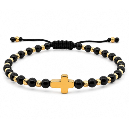 BRATARI - Brățară Onix cu Cruce Aurie din Hematit și Argint 925 Placat cu Aur 18K – Șnur Reglabil, Protecție și Eleganță