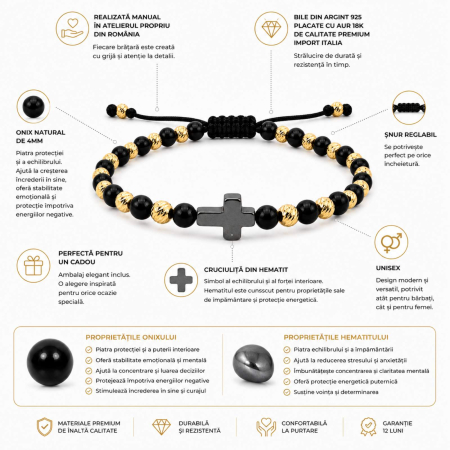 Brățară Onix cu Cruciuliță Hematit și Biluțe Argint 925 4mm Placate cu Aur 18K – Șnur Reglabil, Protecție și Putere [2]