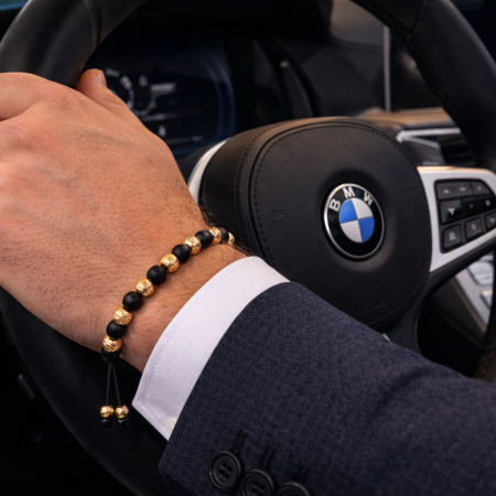 Brățară Onix Mat cu Bile Argint 4mm Placate cu Aur 18K, Șnur Reglabil, Unisex [2]