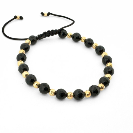 Brățară cu Bile Argint 4mm Placate cu Aur 18K, Onix Fațetat 6mm, Șnur Reglabil, Unisex [3]