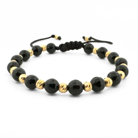 Bratari argint femei - Brățară cu Bile Argint 4mm Placate cu Aur 18K, Onix Fațetat 6mm, Șnur Reglabil, Unisex