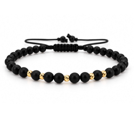 Bratari cu bilute de argint - Brățară Onix Negru cu 5 Biluțe din Argint 925 Placat cu Aur 18K – Reglabilă, Unisex