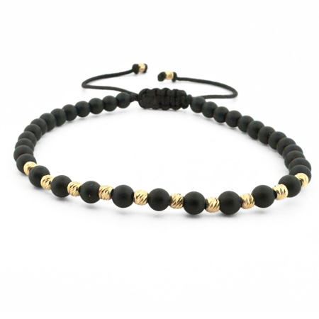 Bratari barbati - Brățară Onix Negru Mat 4 mm cu 12 Biluțe Argint Placate Aur 14K – Șnur Reglabil Unisex