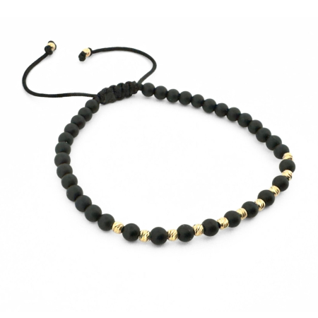 Bratari barbati - Brățară Onix Negru Mat 4 mm cu 12 Biluțe Argint Placate Aur 14K – Șnur Reglabil Unisex