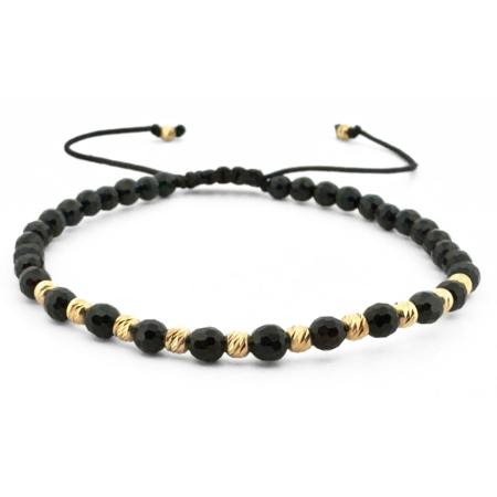 Bratari barbati - Brățară Onix Negru Fațetat 4 mm cu 12 Biluțe Argint Placate Aur 14K – Șnur Reglabil Unisex