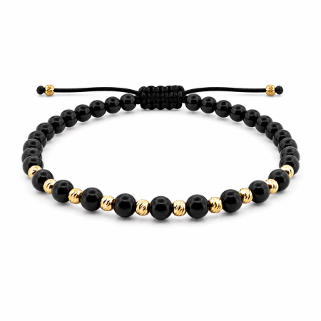 BRATARI - Brățară Onix Negru Lucios 4 mm cu 12 Biluțe Argint Placate Aur 18K – Șnur Reglabil Unisex