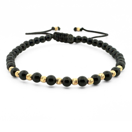 CADOURI - Brățară Onix Negru Lucios 4 mm cu 12 Biluțe Argint Placate Aur 18K – Șnur Reglabil Unisex
