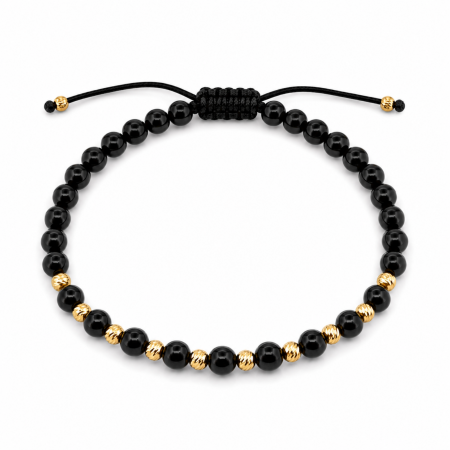 BRATARI - Brățară Onix Negru Lucios 4 mm cu 12 Biluțe Argint Placate Aur 18K – Șnur Reglabil Unisex