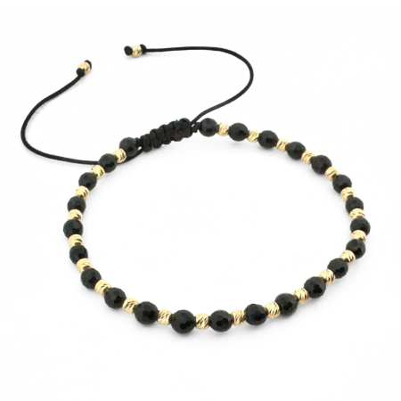 Cadouri pentru El - Brățară Onix Negru Fațetat 4 mm cu Biluțe Argint Placate Aur 14K – Șnur Reglabil Unisex