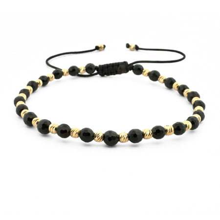 Cadouri pentru El - Brățară Onix Negru Fațetat 4 mm cu Biluțe Argint Placate Aur 14K – Șnur Reglabil Unisex