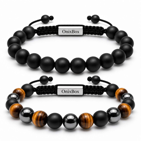 Bratari pietre semipretioase - Set 2 Brățări Bărbați din Pietre Naturale 8 mm – Onix & Triplă Protecție