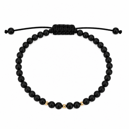 Bratari cu bilute de aur - Brățară Onix și Biluțe de Aur 14K 585, Șnur Reglabil