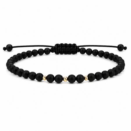 Bratari cu bilute de aur - Brățară Onix și Biluțe de Aur 14K 585, Șnur Reglabil