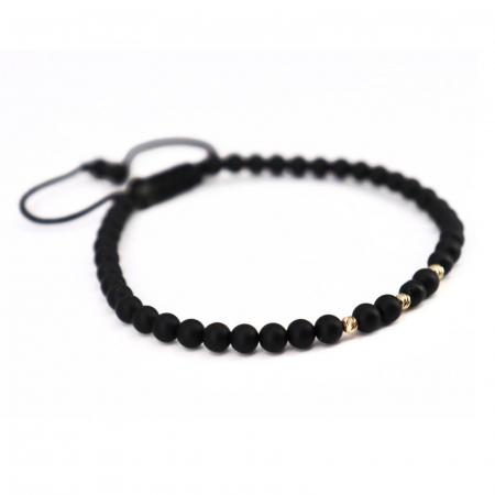 Bratari bilute aur - Brățară Onix și Biluțe de Aur 14K 585, Șnur Reglabil