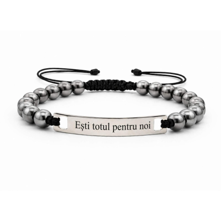 CADOURI - Brățară Personalizată cu Mesaj pentru Tată – Plăcuță Inox și Pietre Hematit 6mm, Șnur Reglabil, Cadou Emoțional