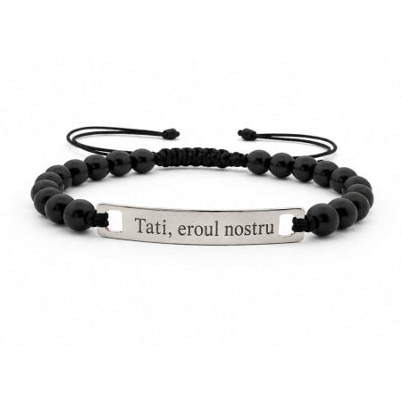 CADOURI - Brățară Personalizată cu Mesaj pentru Tată – Plăcuță Inox și Pietre Onix 6mm, Șnur Reglabil, Cadou Emoțional