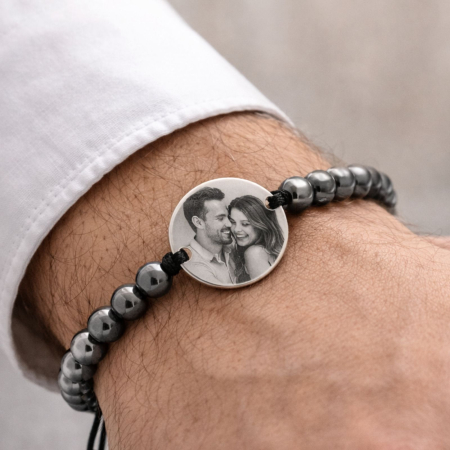 BRATARI - Brățară Personalizată cu Poză și Hematit Fațetat – Șnur Reglabil, Cadou Premium Unisex