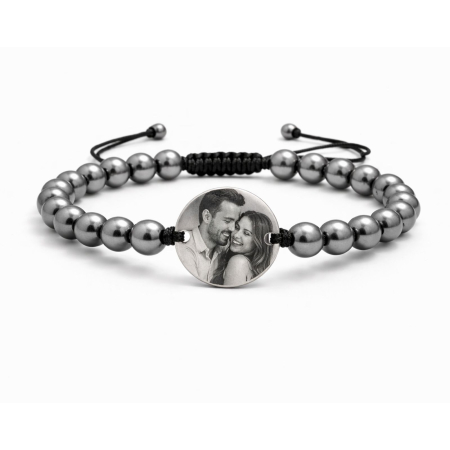 BRATARI - Brățară Personalizată cu Poză – Bănuț Inox 20 mm, Pietre Hematit 6mm, Șnur Reglabil, Unisex