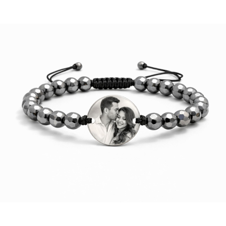 BRATARI - Brățară Personalizată cu Poză și Hematit Fațetat – Șnur Reglabil, Cadou Premium Unisex