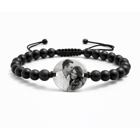 Bratari inox barbati - Brățară Personalizată cu Poză - Oțel Inoxidabil, Pietre Onix, Șnur Reglabil - Gravură Laser