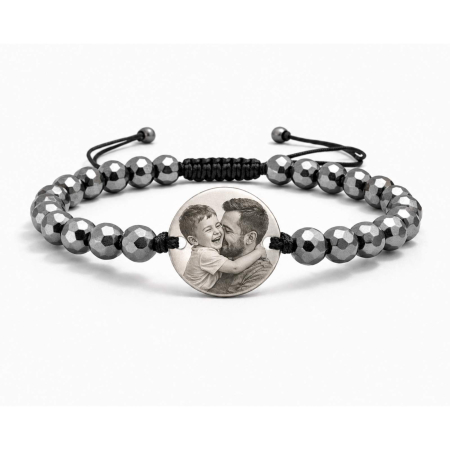 CADOURI - Brățară Personalizată cu Poză pentru Tată – Bănuț Inox și Pietre Hematit 6mm, Șnur Reglabil, Cadou Emoțional