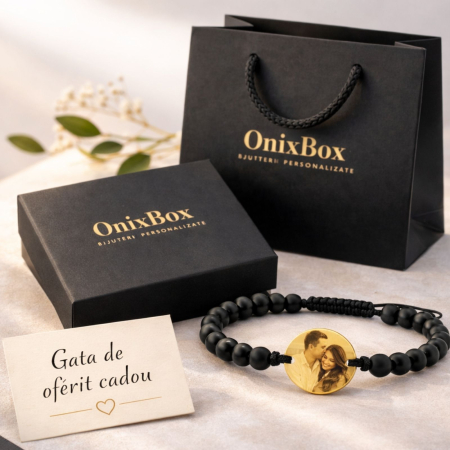 Brățară Personalizată cu Poză și Onix Negru – Bănuț Inox Auriu 18K, Reglabilă, Cadou Unisex [4]