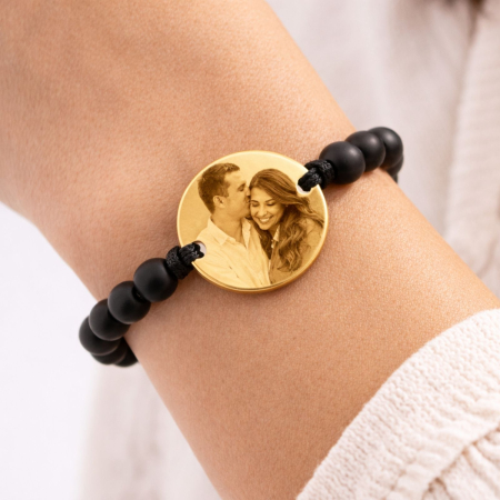 Brățară Personalizată cu Poză și Onix Negru – Bănuț Inox Auriu 18K, Reglabilă, Cadou Unisex [3]