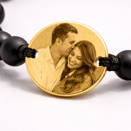 Brățară Personalizată cu Poză și Onix Negru – Bănuț Inox Auriu 18K, Reglabilă, Cadou Unisex [2]