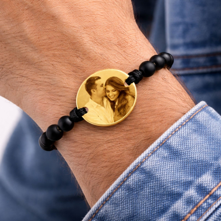 Bratari otel inoxidabil - Brățară Personalizată cu Poză și Onix Negru – Bănuț Inox Auriu 18K, Reglabilă, Cadou Unisex