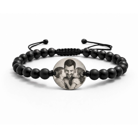 CADOURI - Brățară Personalizată cu Poză pentru Tată – Bănuț Inox și Pietre Onix 6mm, Șnur Reglabil, Cadou Emoțional
