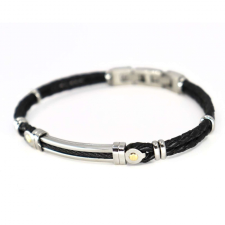 Brățară Piele Bărbați cu Plăcuță Inox și Aur 18K, Mărime Reglabilă, Neagră [1]
