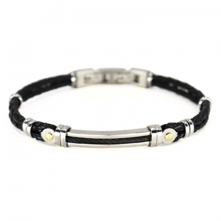Brățară Piele Bărbați cu Plăcuță Inox și Aur 18K, Mărime Reglabilă, Neagră [0]